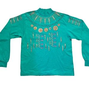 Vintage 90's Hand Painted Glitter Puff Paint Turquoise Mock Neck Longsleeve T